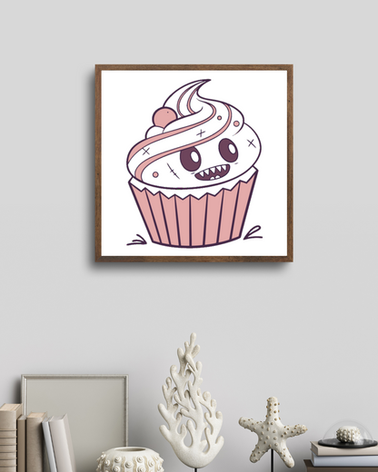 Cadre avec monstre cupcake souriant en déco numérique style festif et gourmand