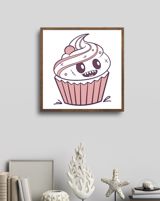 Cadre avec monstre cupcake souriant en déco numérique style festif et gourmand