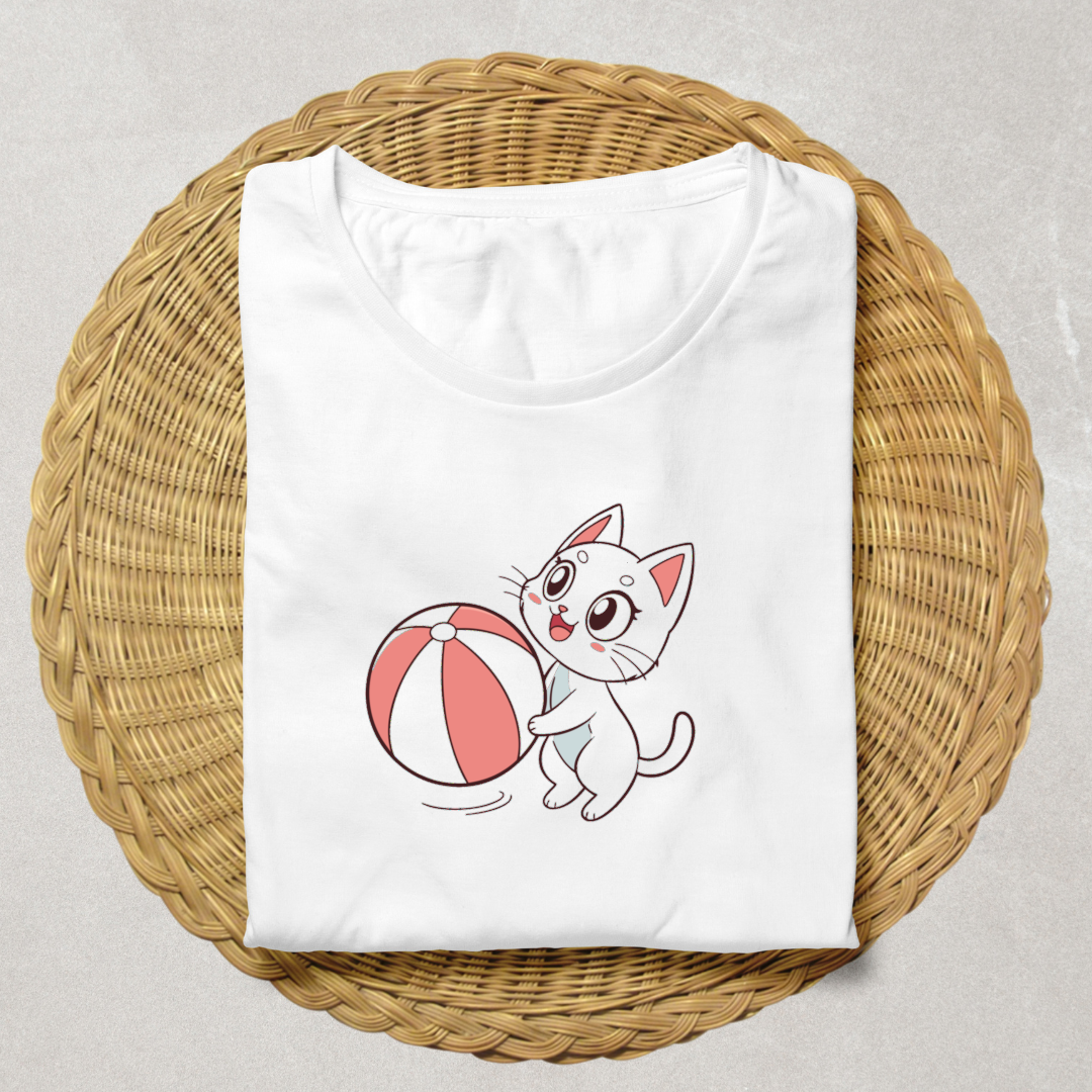 T-shirt avec design kawaii d'un chat joueur et ballon dans un style animalier