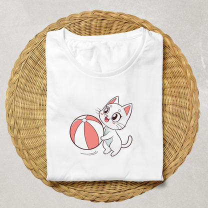 T-shirt avec design kawaii d'un chat joueur et ballon dans un style animalier