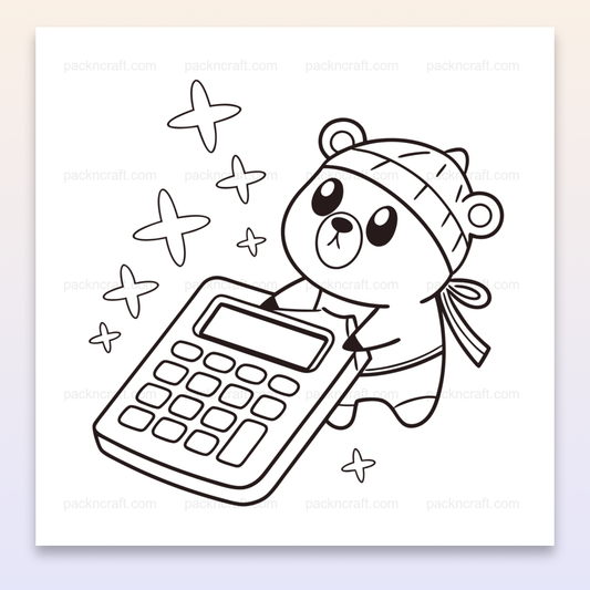 Illustration d'un ours rêveur tenant un calculateur en style minimaliste