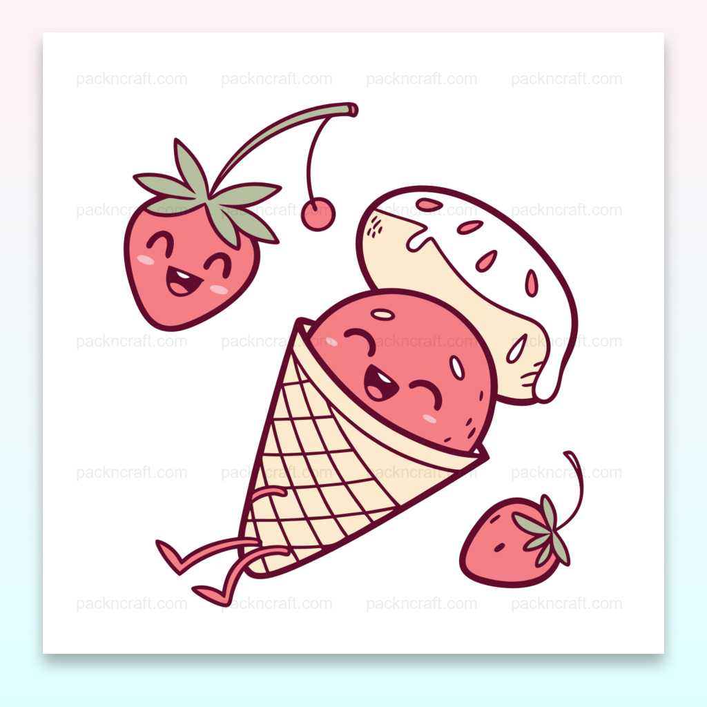 Illustration fraise joyeuse dans un cornet. Utilisable pour stickers, papeterie, déco DIY.