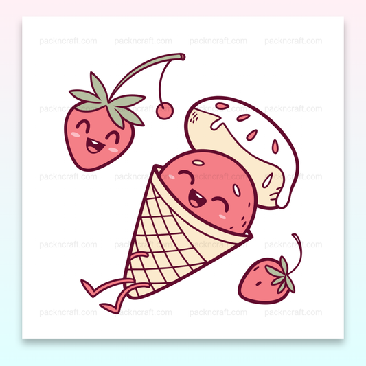 Illustration fraise joyeuse dans un cornet. Utilisable pour stickers, papeterie, déco DIY.