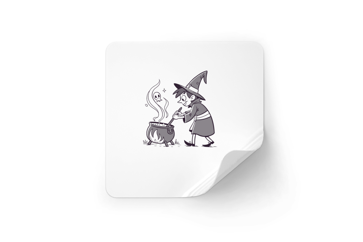 Sticker avec design jeune sorcier et chaudron pour ambiance Halloween monochrome