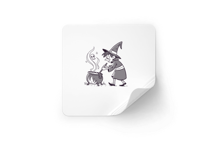 Sticker avec design jeune sorcier et chaudron pour ambiance Halloween monochrome