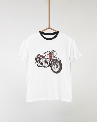 T-shirt stylisé présentant une moto ancienne et design rétro.