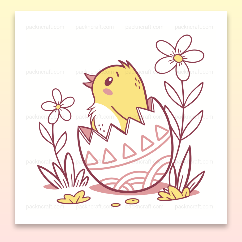 Illustration numérique de poussin joyeux éclos avec fleurs, idéal pour déco et projets DIY.
