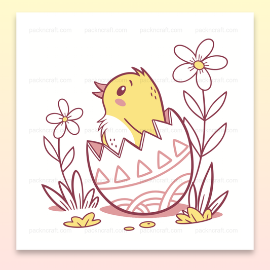 Illustration numérique de poussin joyeux éclos avec fleurs, idéal pour déco et projets DIY.