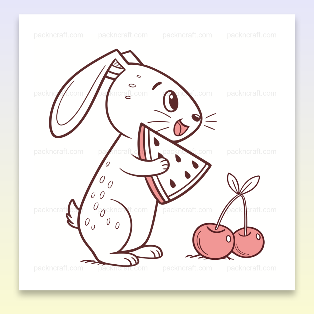 Lapin jouant avec une pastèque dans un style kawaii vectoriel, idéal pour décors et DIY.
