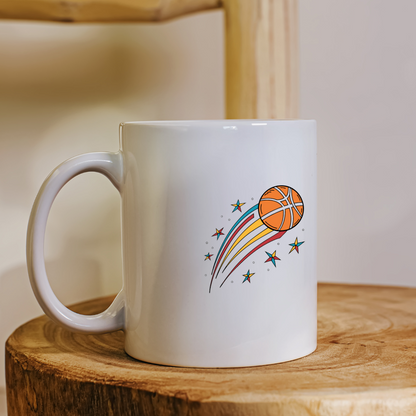 Mug avec motif rétro d'un ballon de basket étoilé sur fond sportif