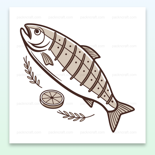 Illustration minimaliste d'un poisson grillé avec citron, idéale pour cuisine et déco.
