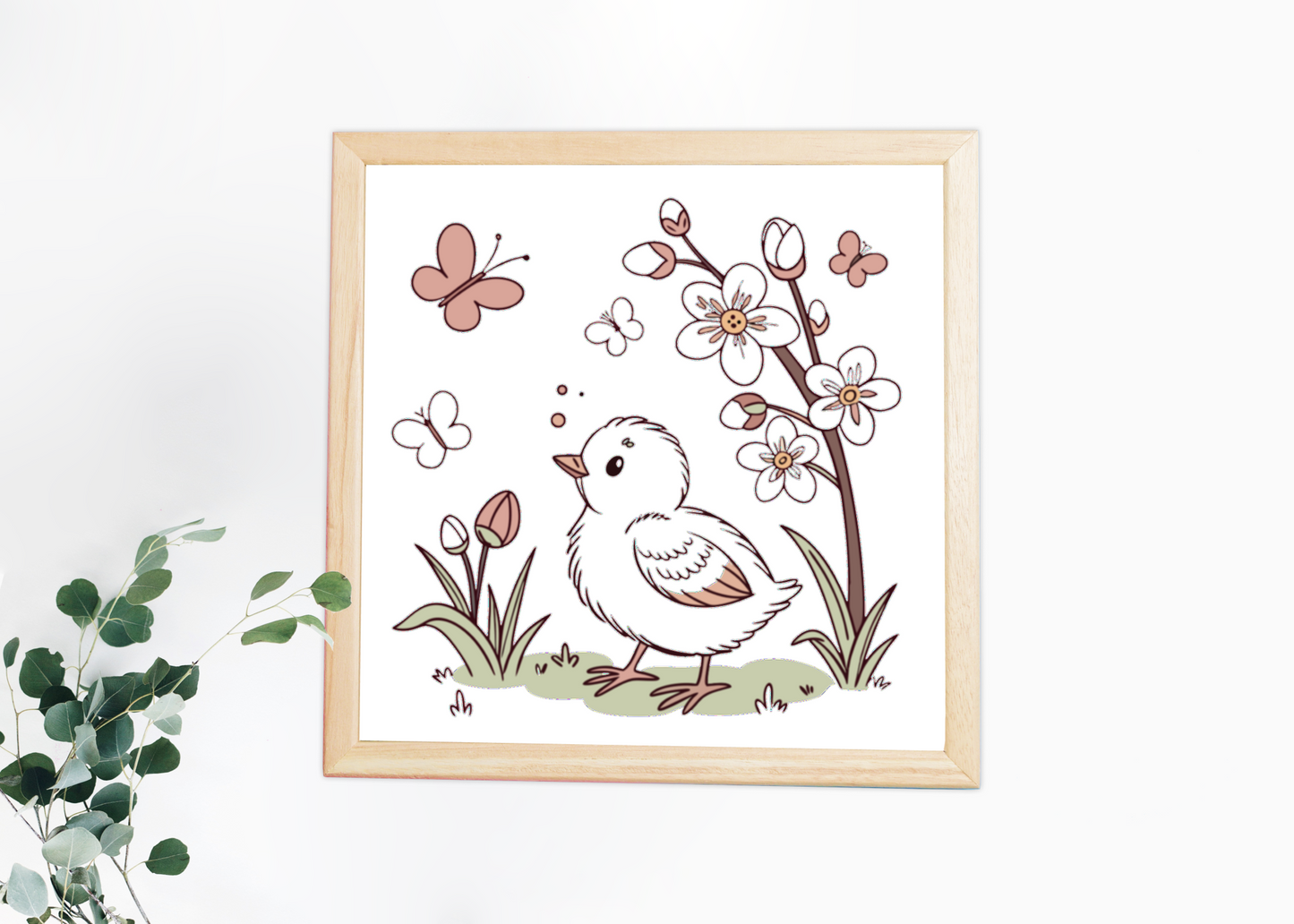 Cadre avec poussin curieux pastel sur fond naturel, idéal pour déco printanière