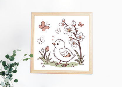 Cadre avec poussin curieux pastel sur fond naturel, idéal pour déco printanière