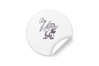 Sticker amusant avec viking joyeux en style cartoon sur fond d'aventure épique