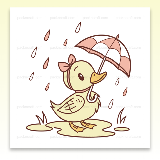 Caneton sous la pluie tenant un parapluie, illustration kawaii pour décoration et DIY.
