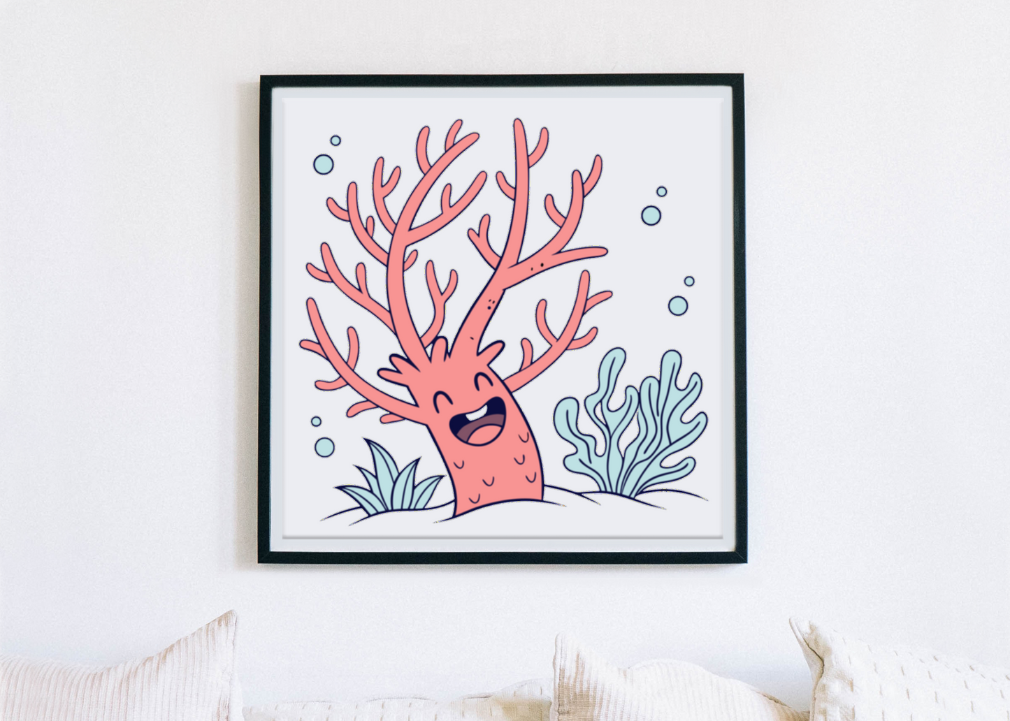 Cadre décoratif thème marin avec corail animé joyeux en style cartoon