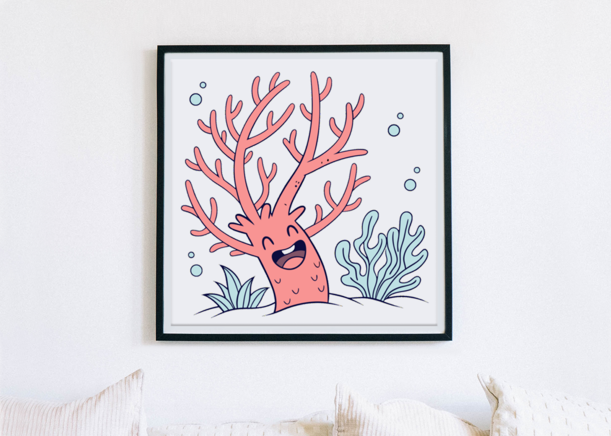 Cadre décoratif thème marin avec corail animé joyeux en style cartoon