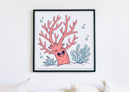 Cadre décoratif thème marin avec corail animé joyeux en style cartoon