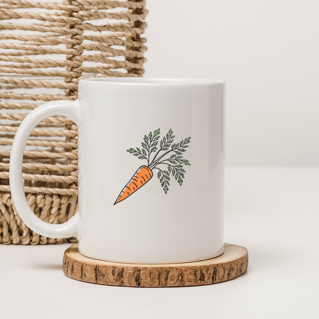 Mug avec une joyeuse carotte illustrée pour un jardinage amusant et coloré