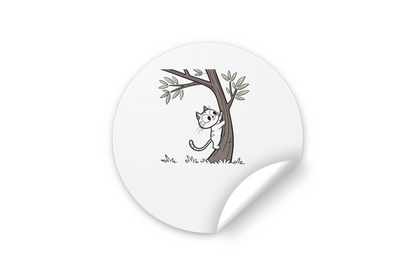Sticker avec chat grimpeur d'arbre en style minimaliste sur fond ludique