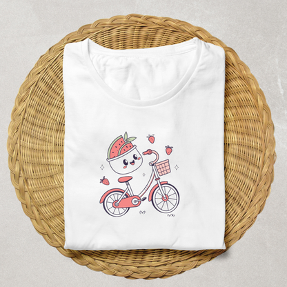 T-shirt avec dessin vélo fruité joyeux en style pastel pour l'été