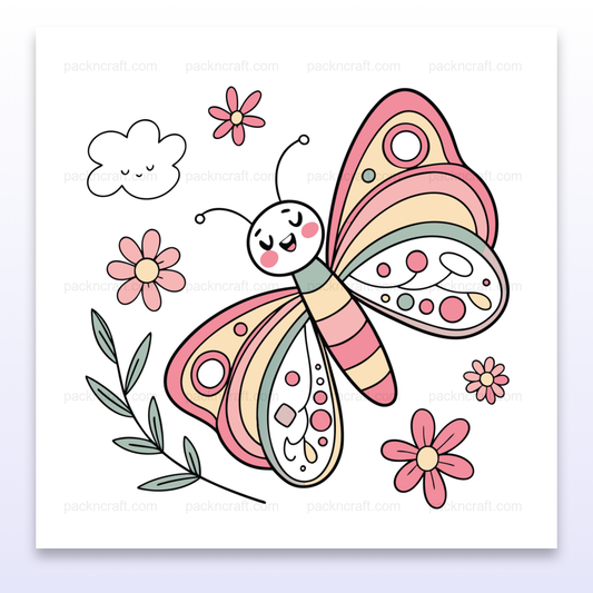 Illustration d'un papillon rieur coloré en style doodle pastel, parfait pour projets DIY et déco.