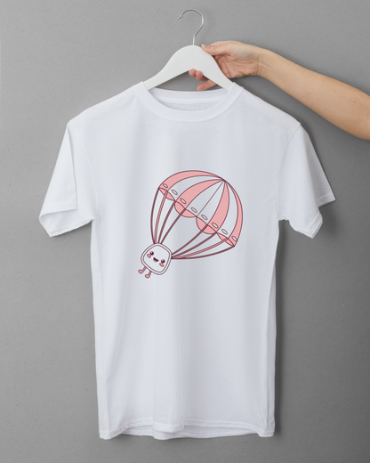T-shirt présentant une mascotte volante minimaliste dans une aventure aérienne sereine