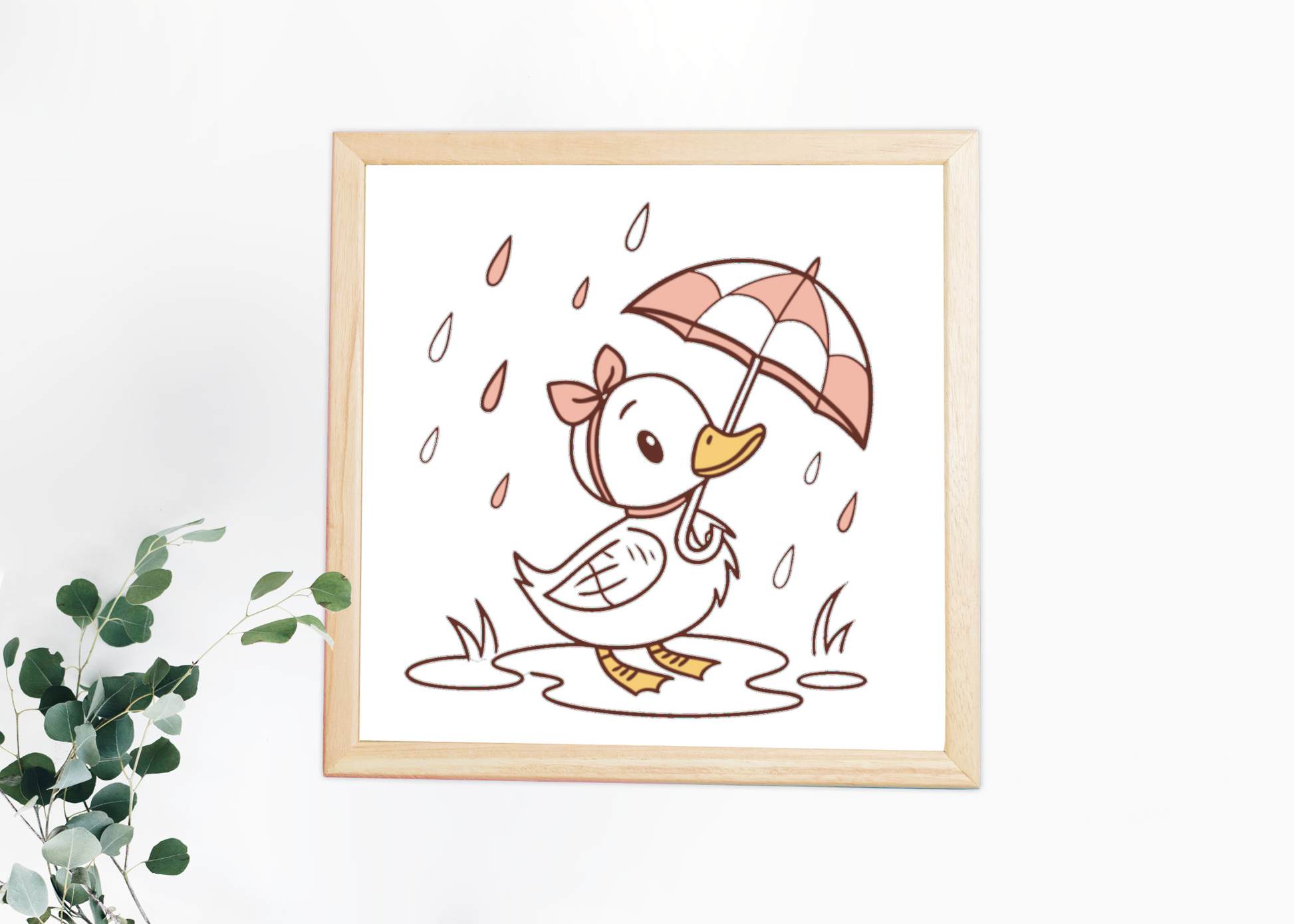 Cadre avec un caneton joueur sous la pluie dans un style mignon et enfantin