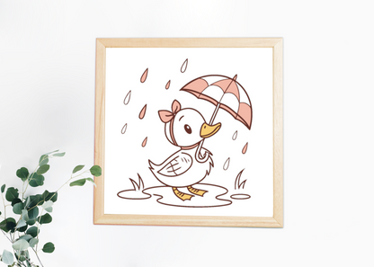 Cadre avec un caneton joueur sous la pluie dans un style mignon et enfantin