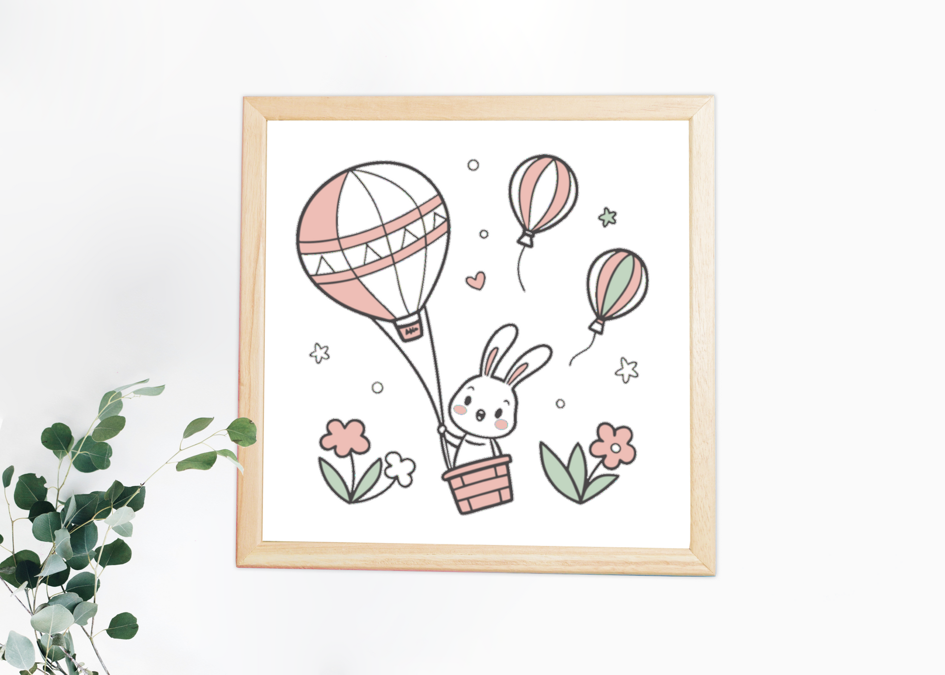 Cadre décoratif avec lapin volant dans une montgolfière aux couleurs pastel