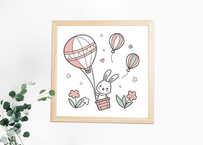 Cadre décoratif avec lapin volant dans une montgolfière aux couleurs pastel
