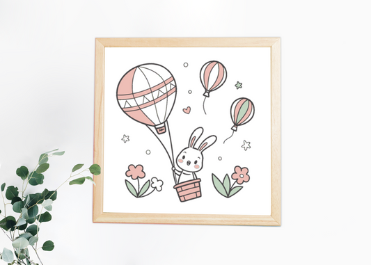 Cadre décoratif avec lapin volant dans une montgolfière aux couleurs pastel