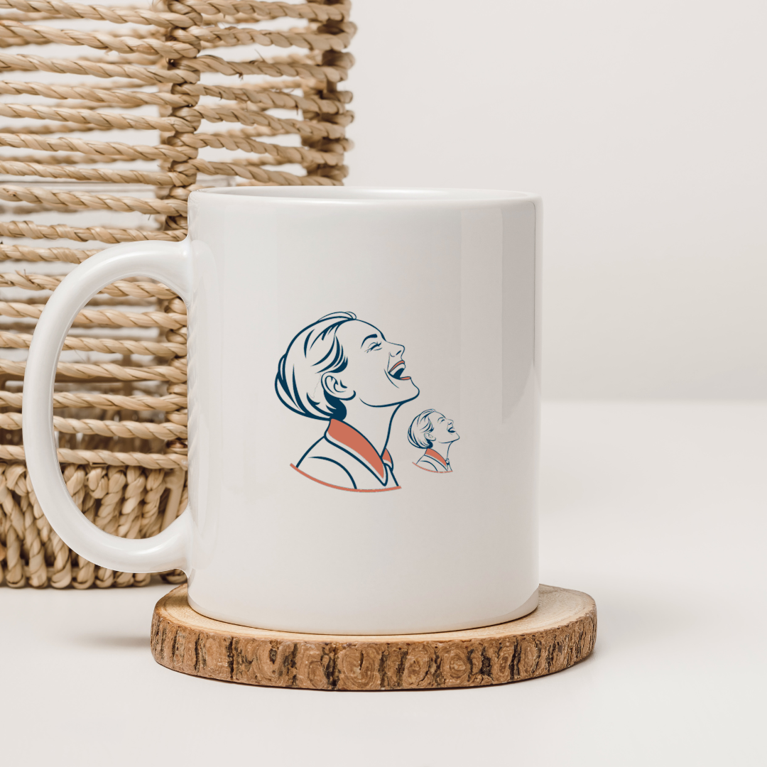 Mug avec motif rétro féminin riant, estival et joyeux, idéal pour un moment détente