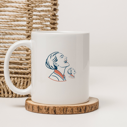 Mug avec motif rétro féminin riant, estival et joyeux, idéal pour un moment détente