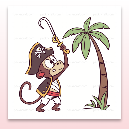 Singe pirate en tenue complète près d'un palmier, idéal pour stickers et papeterie.