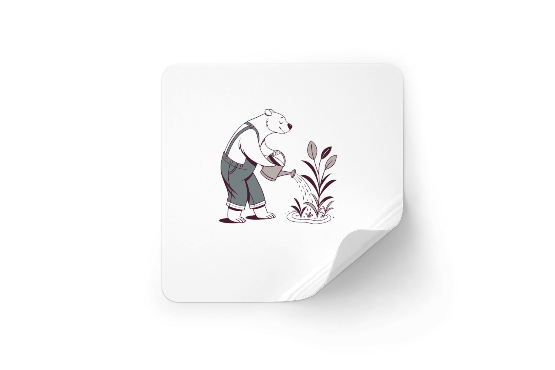 Sticker avec ours minimaliste arrosant des plantes, style nature et jardin