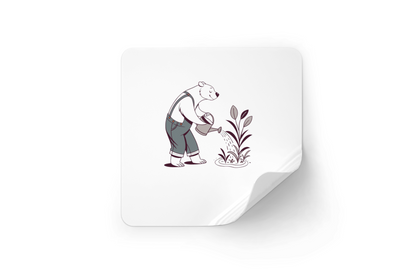 Sticker avec ours minimaliste arrosant des plantes, style nature et jardin