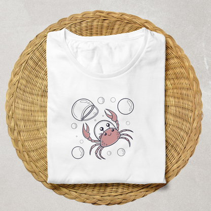 T-shirt avec un crabe joyeux pastel sur fond marin éclaboussant vibrant