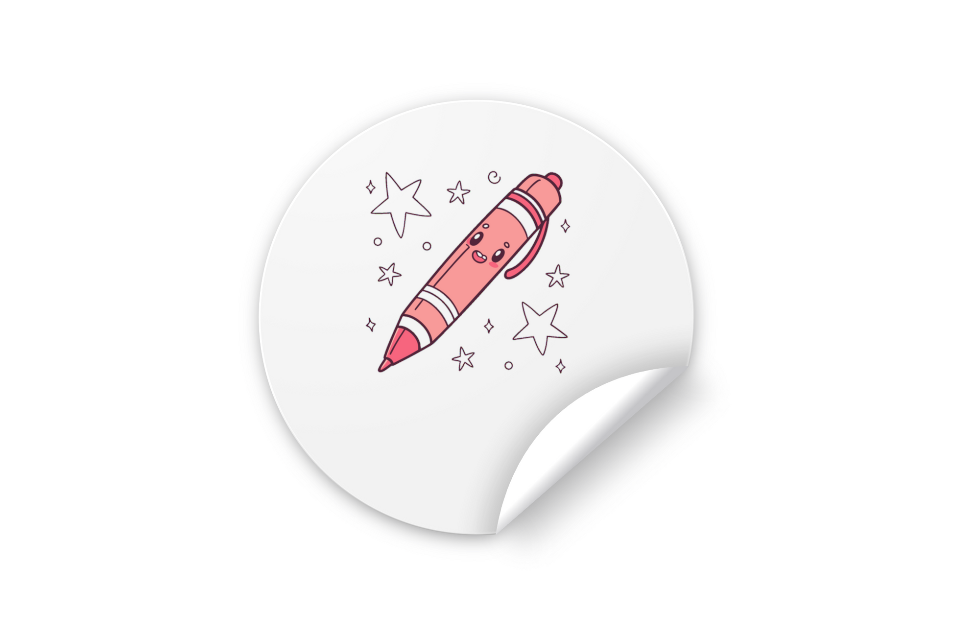 Sticker avec graphisme kawaii montrant un stylo amusant émaillé d'étoiles multicolores