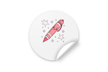 Sticker avec graphisme kawaii montrant un stylo amusant émaillé d'étoiles multicolores