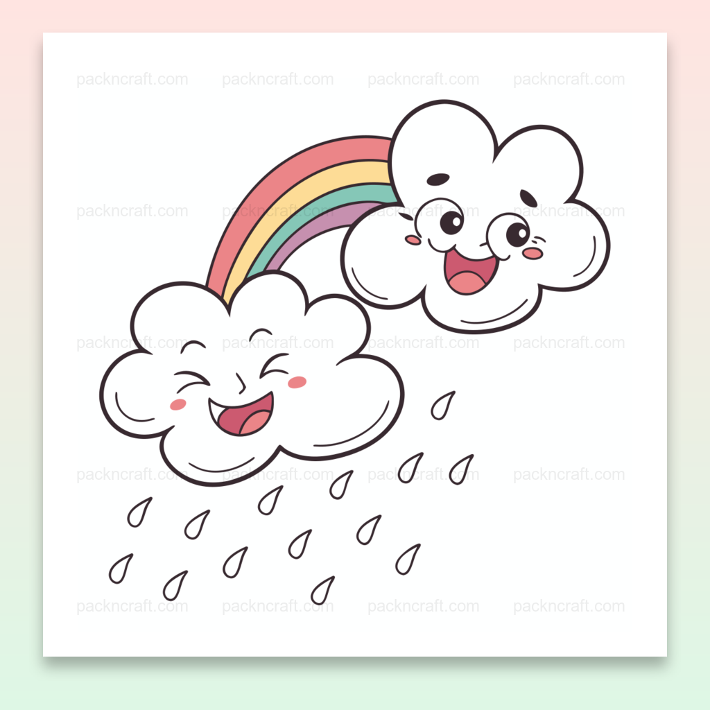 Illustration de nuages souriants avec arc-en-ciel en style doodle pour déco et projets créatifs
