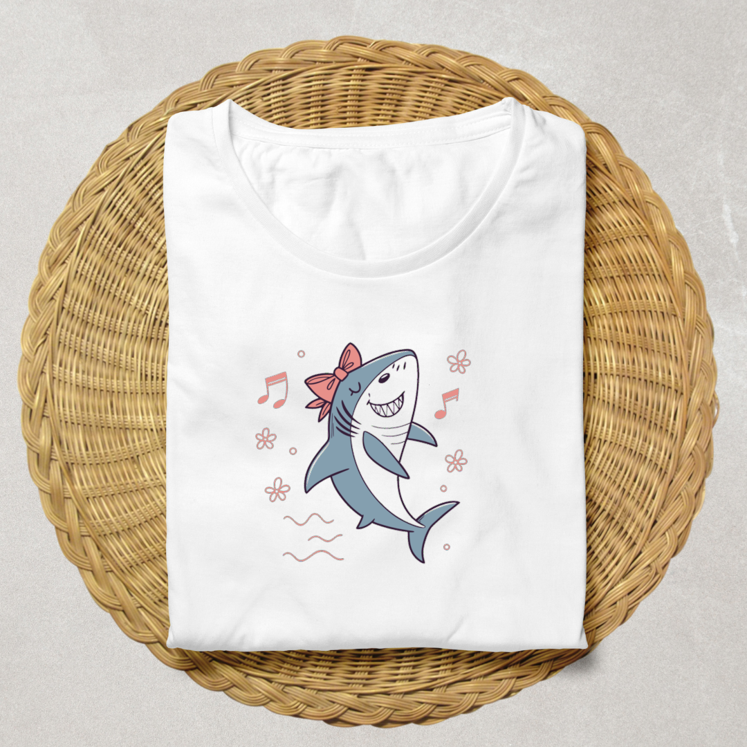 T-shirt gai avec un requin qui danse dans un style ludique et marin