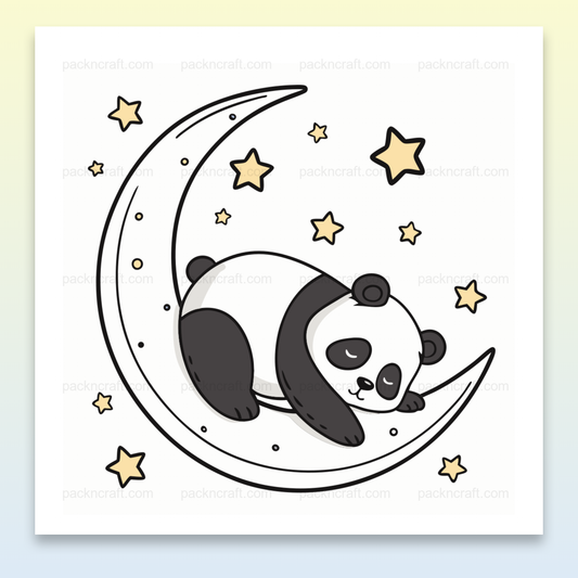 Illustration de panda endormi sur une lune avec étoiles, utilisable pour décoration et papeterie.