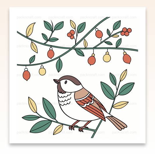 Illustration SVG pastel d'un oiseau posé sur une branche avec des feuilles, idéale pour décorations DIY.