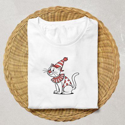 T-shirt festif orné d'un chat clown joyeux au style ludique et coloré