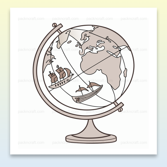 Illustration globe terrestre avec bateaux, idéale pour éducation et déco.