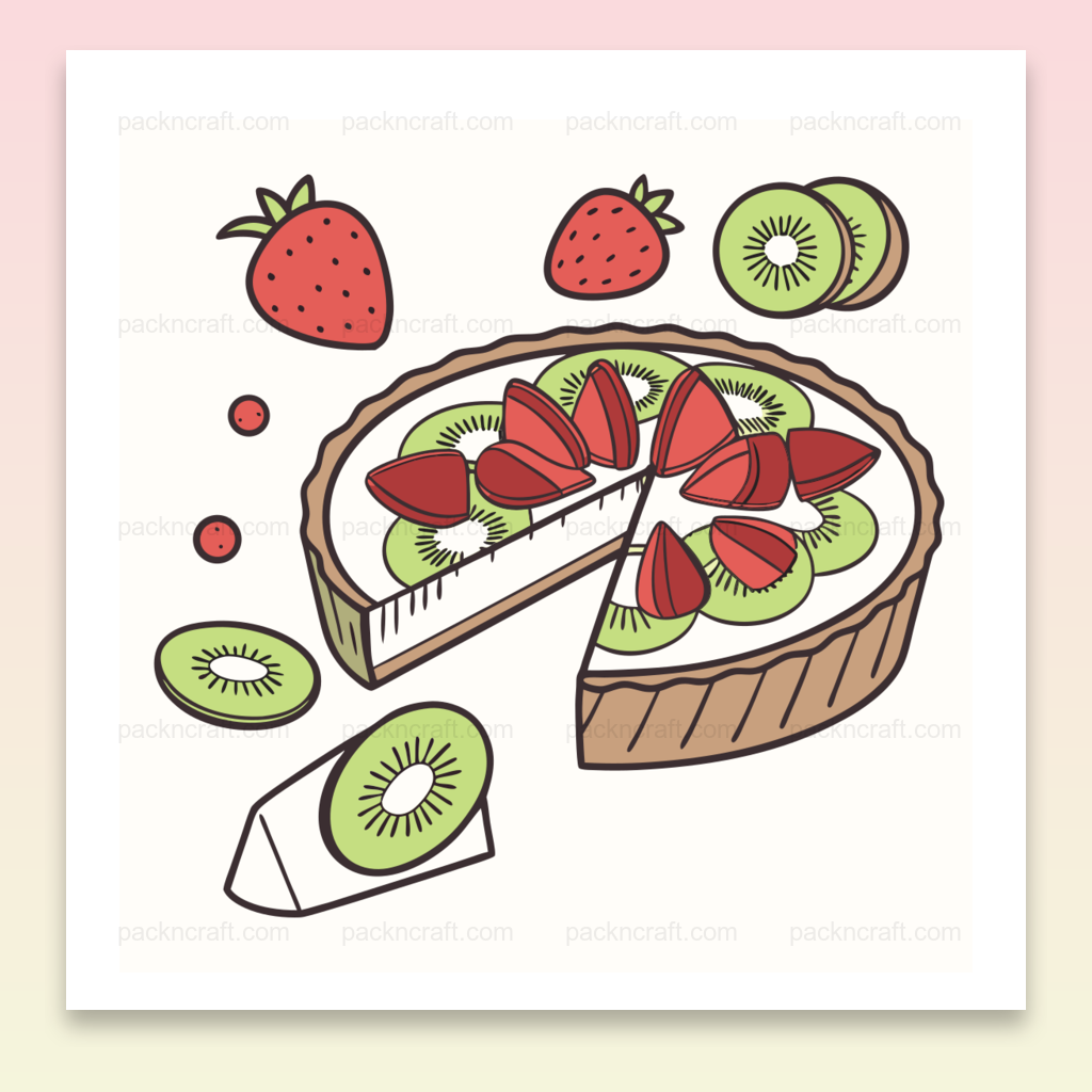 Illustration de tarte fraises et kiwis, idéale pour papeterie et projet DIY.