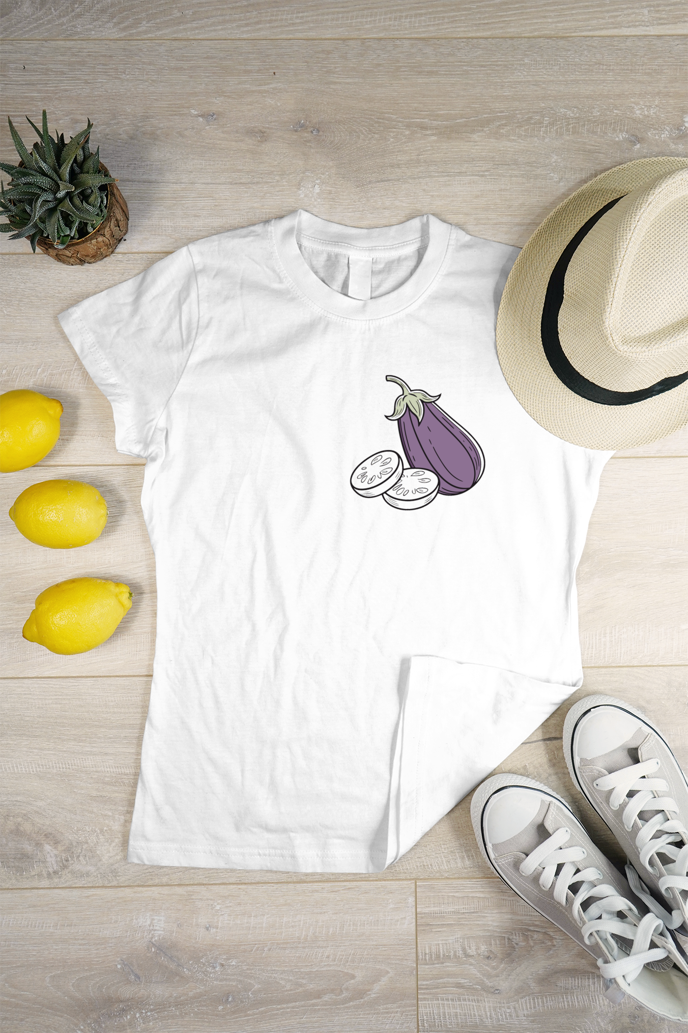 T-shirt avec dessin d'aubergine minimaliste parfait pour la mode cuisine créative