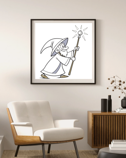 Cadre au design magique avec un sorcier illuminé en art vectoriel mystique