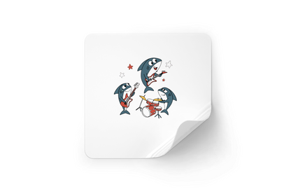 Sticker avec requins rockeurs cartoon en concert qui vibrent au rythme marin